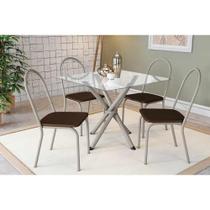 Conjunto: Mesa Sala Jantar Volga c/ Tampo de Vidro 90cm e 4 Cadeiras Noruega Niquel - Courano Marrom - Kappesberg
