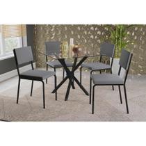 Conjunto: Mesa Sala Jantar Volga c/ Tampo de Vidro 90cm e 4 Cadeiras Zaria Preto - Suede Cinza - Kappesberg