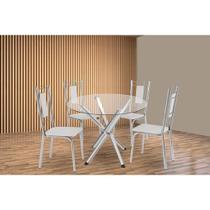 Conjunto: Mesa Sala Jantar Volga c/ Tampo de Vidro 95cm e 4 Cadeiras Florença Cromada - Courano Branco - Kappesberg