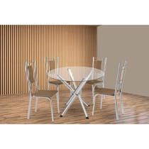 Conjunto: Mesa Sala Jantar Volga c/ Tampo de Vidro 95cm e 4 Cadeiras Florença Cromada - Courano Capuccino - Kappesberg