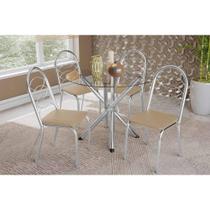Conjunto: Mesa Sala Jantar Volga c/ Tampo de Vidro 95cm e 4 Cadeiras Holanda Cromada - Courano Bege - Kappesberg