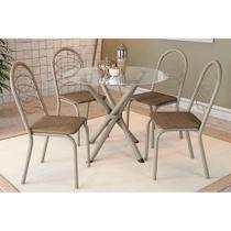 Conjunto: Mesa Sala Jantar Volga c/ Tampo de Vidro 95cm e 4 Cadeiras Holanda Niquel - Capuccino - Kappesberg