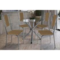 Conjunto: Mesa Sala Jantar Volga c/ Tampo de Vidro 95cm e 4 Cadeiras Lisboa Cromada - Courano Capuccino - Kappesberg Conjunto: Mesa Sala Jantar Volga c/ Tampo de Vidro 95cm e 4 Cadeiras Lisboa Cromada - Courano Capuccino - Kappesberg
