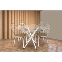 Conjunto: Mesa Sala Jantar Volga c/ Tampo de Vidro 95cm e 4 Cadeiras Noruega Cromada - Courano Capuccino - Kappesberg