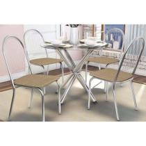 Conjunto: Mesa Sala Jantar Volga c/ Tampo de Vidro 95cm e 4 Cadeiras Noruega Cromada - Courano Capuccino - Kappesberg