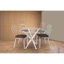 Conjunto: Mesa Sala Jantar Volga c/ Tampo de Vidro 95cm e 4 Cadeiras Noruega Cromada - Courano Preto - Kappesberg