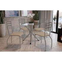 Conjunto: Mesa Sala Jantar Volga c/ Tampo de Vidro 95cm e 4 Cadeiras Portugal Niquel - Courano Capuccino - Kappesberg