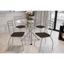 Conjunto: Mesa Sala Jantar Volga c/ Tampo de Vidro 95cm e 4 Cadeiras Portugal Niquel - Courano Marrom - Kappesberg