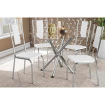 Conjunto: Mesa Sala Jantar Volga c/ Tampo Vidro 90cm + 4 Cadeiras Lisboa Cromado/Courano Branco - Kappesberg Conjunto: Mesa Sala Jantar Volga c/ Tampo Vidro 90cm + 4 Cadeiras Lisboa Cromado/Courano Branco - Kappesberg