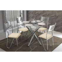 Conjunto: Mesa Sala Jantar Volga c/ Tampo Vidro 90cm+4 Cadeiras Nápoles Cromado/Courano Nude - Kappesberg