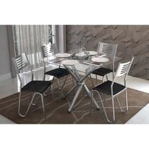 Conjunto: Mesa Sala Jantar Volga c/ Tampo Vidro 90cm+4 Cadeiras Nápoles Cromado/Courano Preto - Kappesberg