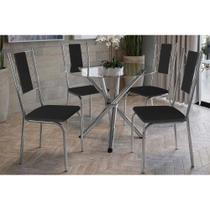 Conjunto: Mesa Sala Jantar Volga c/ Tampo Vidro 95cm + 4 Cadeiras Lisboa Cromado/Courano Preto - Kappesberg