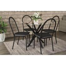 Conjunto: Mesa Sala Jantar Volga c/ Tampo Vidro 95cm + 4 Cadeiras Noruega Preto Fosco/Courano Preto - Kappesberg