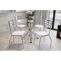 Conjunto: Mesa Sala Jantar Volga c/ Tampo Vidro 95cm + 4 Cadeiras Portugal Cromado/Courano Branco - Kappesberg