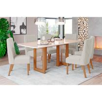 Conjunto: Mesa Sala Jantar Yara c/ Tampo Madeirado c/ Vidro Curvo 160x90cm e 6 Cadeiras Eloa Nature/Suede Light Linho - Henn