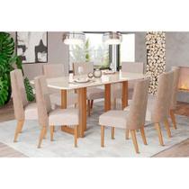 Conjunto: Mesa Sala Jantar Yara SC77 Tampo Madeirado c/ Vidro Canto Curvo 200x90cm e 8 Cadeiras Anne Nature/Courano/Creme - Henn Conjunto: Mesa Sala Jantar Yara SC77 Tampo Madeirado c/ Vidro Canto Curvo 200x90cm e 8 Cadeiras Anne Nature/Courano/Creme - Henn