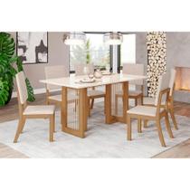 Conjunto: Mesa Sala Jantar Yara SC79 Tampo Madeirado c/ Vidro Canto Curvo 160x90cm e 6 Cadeiras Milla Nature/Suede Light Linho - Henn