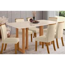 Conjunto: Mesa Sala Jantar Yara SC79 Tampo Madeirado c/ Vidro Canto Curvo 160x90cm e 6 Cadeiras Tauá Nature/Linho - Henn