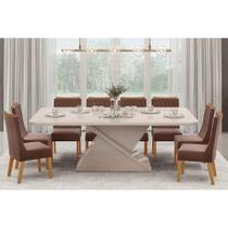 Conjunto: Mesa Sala Jantar Zafira c/ Tampo Madeirado c/ Vidro 200cm + 8 Cadeiras Jade Demolição/Moca - DJ Móveis