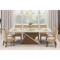 Conjunto: Mesa Sala Jantar Zafira c/ Tampo Madeirado c/ Vidro 200x100cm e 8 Cadeiras Jade Freijo/Off White - Suede Kraft - DJ Móveis