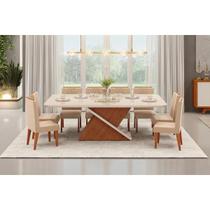 Conjunto: Mesa Sala Jantar Zafira c/ Tampo Madeirado c/ Vidro Curvo 200x100cm e 8 Cadeiras Lia Freijo/Off White - Suede Kraft - DJ Móveis Conjunto: Mesa Sala Jantar Zafira c/ Tampo Madeirado c/ Vidro Curvo 200x100cm e 8 Cadeiras Lia Freijo/Off White - Suede Kraft - DJ Móveis