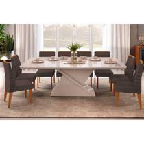 Conjunto: Mesa Sala Jantar Zafira c/ Tampo Madeirado c/ Vidro Curvo 200x100cm e 8 Cadeiras Ondina Off White - Freijo/Suede Moca - DJ Móveis Conjunto: Mesa Sala Jantar Zafira c/ Tampo Madeirado c/ Vidro Curvo 200x100cm e 8 Cadeiras Ondina Off White - Freijo/Suede Moca - DJ Móveis