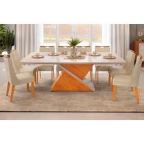 Conjunto: Mesa Sala Jantar Zafira Tampo Madeirado c/ Vidro Curvo 200x100cm e 8 Cadeiras Bia Cedro/Off White - Freijo/Linho Neve - DJ Móveis Conjunto: Mesa Sala Jantar Zafira Tampo Madeirado c/ Vidro Curvo 200x100cm e 8 Cadeiras Bia Cedro/Off White - Freijo/Linho Neve - DJ Móveis
