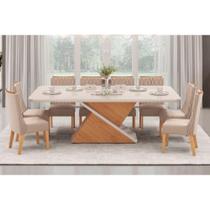 Conjunto: Mesa Sala Jantar Zafira Tampo Madeirado c/ Vidro Curvo 200x100cm e 8 Cadeiras Jade Off White - Freijo/Suede Kraft - DJ Móveis Conjunto: Mesa Sala Jantar Zafira Tampo Madeirado c/ Vidro Curvo 200x100cm e 8 Cadeiras Jade Off White - Freijo/Suede Kraft - DJ Móveis