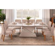 Conjunto: Mesa Sala Jantar Zafira Tampo Madeirado c/ Vidro Curvo 200x100cm e 8 Cadeiras Ondina Off White - Freijo/Suede Kraft - DJ Móveis Conjunto: Mesa Sala Jantar Zafira Tampo Madeirado c/ Vidro Curvo 200x100cm e 8 Cadeiras Ondina Off White - Freijo/Suede Kraft - DJ Móveis