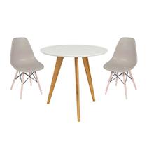 Conjunto Mesa Square Redonda 80cm Pés em Madeira Taeda com 2 Cadeiras Eiffel - Bege Acinzentado - Abra Casa