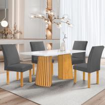 Conjunto Mesa Stella Ripada 120cm com 4 Cadeiras Canela Tampo Smart Plus com Vidro