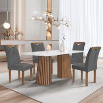 Conjunto Mesa Stella Ripada 120cm com 4 Cadeiras Stella Tampo Smart Plus com Vidro Chocolate/Off White/Veludo Cinza