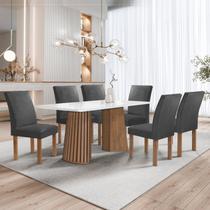 Conjunto Mesa Stella Ripada 170cm com 6 Cadeiras Canela Tampo Smart Plus com Vidro Chocolate/Off White/Boucle Cinza