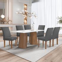 Conjunto Mesa Stella Ripada 170cm com 6 Cadeiras Canela Tampo Smart Plus com Vidro Chocolate/Off White/Veludo Cinza