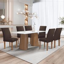 Conjunto Mesa Stella Ripada 170cm com 6 Cadeiras Canela Tampo Smart Plus com Vidro Chocolate/Off White/Veludo Marrom