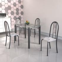 Conjunto Mesa Tubular 120cm Tampo em Vidro com 4 Cadeiras Iris Prata/Botanic Cinza