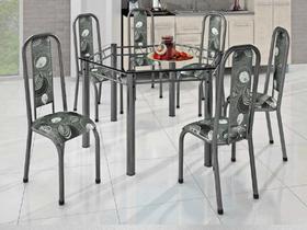 Conjunto Mesa Tubular 6 cadeiras Prata Craqueado Com Tampo Vidro Incolor 1,40x1,21m Madmelos