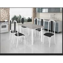 Conjunto Mesa Tubular com 6 Cadeiras Atenas Branco/Tubos Brancos/Estofados Preto/Tampo Granito Ocre