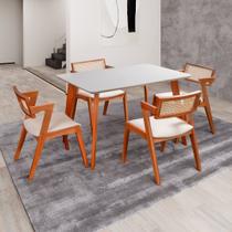 Conjunto Mesa Verona Tampo Off White com 4 Cadeiras em Madeira Maciça, Estofada e Rattan de Fibra 100% Natural Verona Authentic