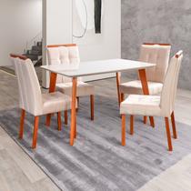Conjunto Mesa Verona Tampo Off White com 4 Cadeiras Madeira Maciça, Detalhe em Botonê e Estofada Sophia