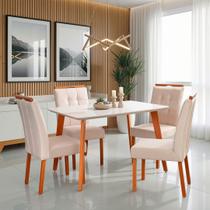Conjunto Mesa Verona Tampo Off White com 4 Cadeiras Madeira Maciça, Detalhe em Botonê e Estofada Sophia