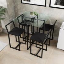 Conjunto Mesa Vidro 4 Cadeiras Pequena Estofado Industrial Black