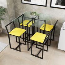 Conjunto Mesa Vidro 4 Cadeiras Pequena Estofado Industrial Black