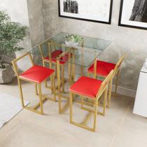 Conjunto Mesa Vidro 4 Cadeiras Pequena Estofado Industrial Dourado