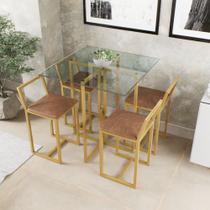 Conjunto Mesa Vidro 4 Cadeiras Pequena Estofado Industrial Dourado - Don Castro Decor