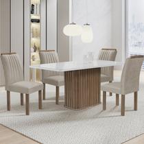 Conjunto Mesa Zara 120cm com 4 Cadeiras Arizona Tampo Smart Plus com Vidro Chocolate/Off White/Veludo Claro