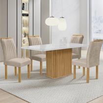 Conjunto Mesa Zara 120cm com 4 Cadeiras Arizona Tampo Smart Plus com Vidro Cinamomo /Off White/Bege