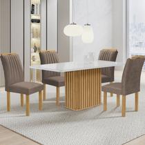 Conjunto Mesa Zara 120cm com 4 Cadeiras Arizona Tampo Smart Plus com Vidro Cinamomo /Off White/Veludo Bege Escuro