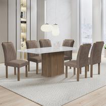 Conjunto Mesa Zara 170cm com 6 Cadeiras Arizona Tampo Smart Plus com Vidro Chocolate/Off White/Veludo Bege Escuro