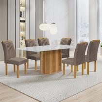 Conjunto Mesa Zara 170cm com 6 Cadeiras Arizona Tampo Smart Plus com Vidro Cinamomo /Off White/Veludo Bege Escuro